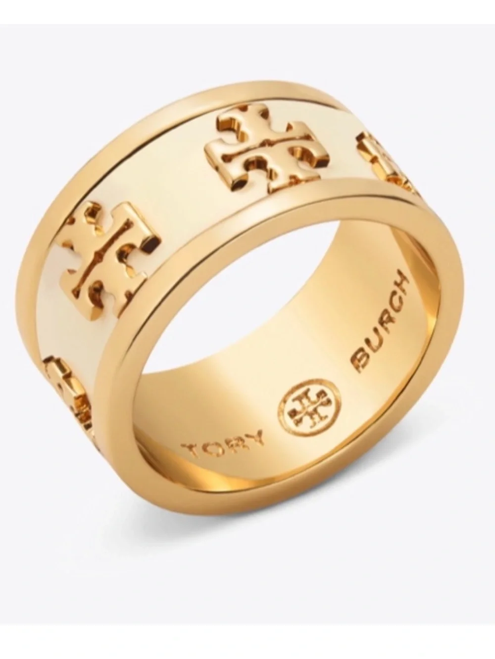NWT~TORY BURCH~Enameled Raised Logo Ring, Gold/New Ivory